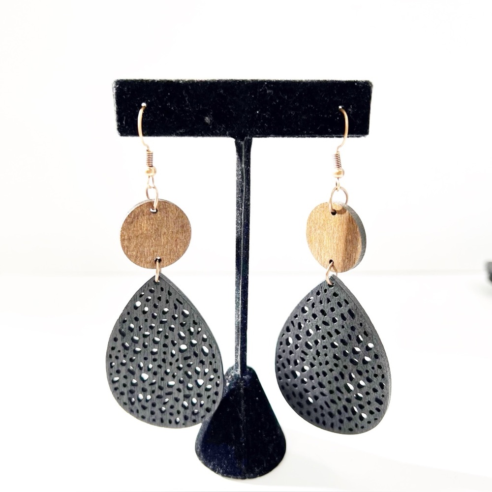 Boho Wood & Black Teardrop Earrings - Natural Statement Style